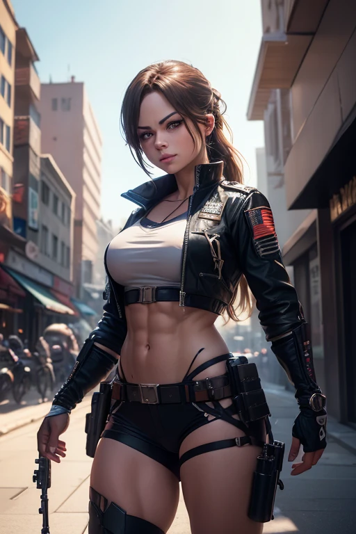 Kristin Kreuk, female bodybuilder physique, bodybuilder veins,(extremely detailed CG unity 8k wallpaper),(masterpiece), (best quality), (ultra-detailed), (best illustration),(best shadow), cowboy shot, (sharp eyeliner, eyeshadow, detailed eyes:1.1), (city background:1.2), ,BREAK , mod3 (girls' frontline), , 