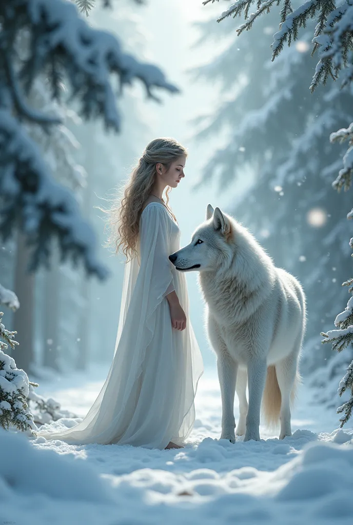 Prenez une photo d'une femme et d'un loup blanc par une matinée enneigée