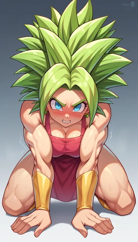 kefla, in shape,keflasdxlv2,1girl,blue eyes, muscles, breasts, suspender naked apron, posing embarrassed, red face, on all fours