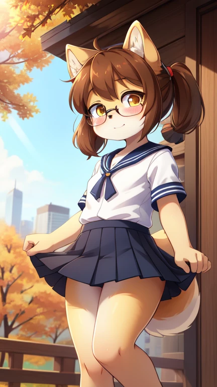 sauce_comics, sauce_Furry,Very young  ，Glasses，Bean shiba, Brown Hair, Twin tails, Yellow Eyes, Small breasts, Detailed body fur, ((Sailor suit，Pleated skirt，white)), Masterpiece anime style, Two-tone body fur, Brown body hair, clear Brown body hair, (Bean shiba tail), (Bean shiba ears), Detailed face, Thick eyebrows, fine grain, Detailed body, Autumn cityscape, sunny, , Shining Body, Shiny body, Motion Blur, whole body, Three-toed feet, Three Toes, 私I&#39;m watching you, :3, smile, Dynamic Angle,I&#39;m watching you, Standing, sexy, cute，Cunning gestures，Girl&#39;s Temptation，