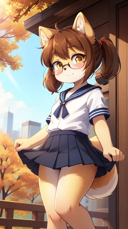 sauce_comics, sauce_Furry,Very young  ，Glasses，Bean shiba, Brown Hair, Twin tails, Yellow Eyes, Small breasts, Detailed body fur, ((Sailor suit，Pleated skirt，white)), Masterpiece anime style, Two-tone body fur, Brown body hair, clear Brown body hair, (Bean shiba tail), (Bean shiba ears), Detailed face, Thick eyebrows, fine grain, Detailed body, Autumn cityscape, sunny, , Shining Body, Shiny body, Motion Blur, whole body, Three-toed feet, Three Toes, 私I&#39;m watching you, :3, smile, Dynamic Angle,I&#39;m watching you, Standing, sexy, cute，Cunning gestures，Girl&#39;s Temptation，