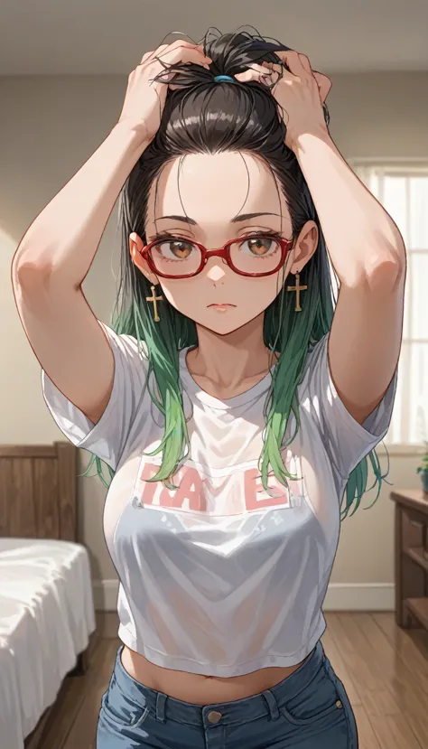 1girl, alone, medium long hair, green gradient hair, forehead, red-rimmed glasses, one side of her t-shirt has slipped down, rev...