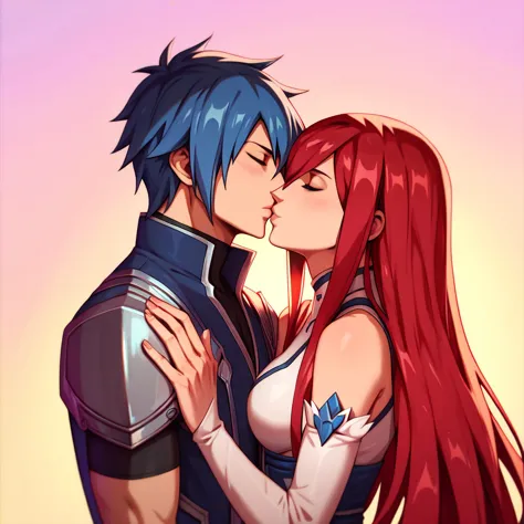 masterpiece, best quality, hetero, couple, imminent kiss, 1boy, jellal fernandes, blue hair, short hair, hair between eyes, clos...