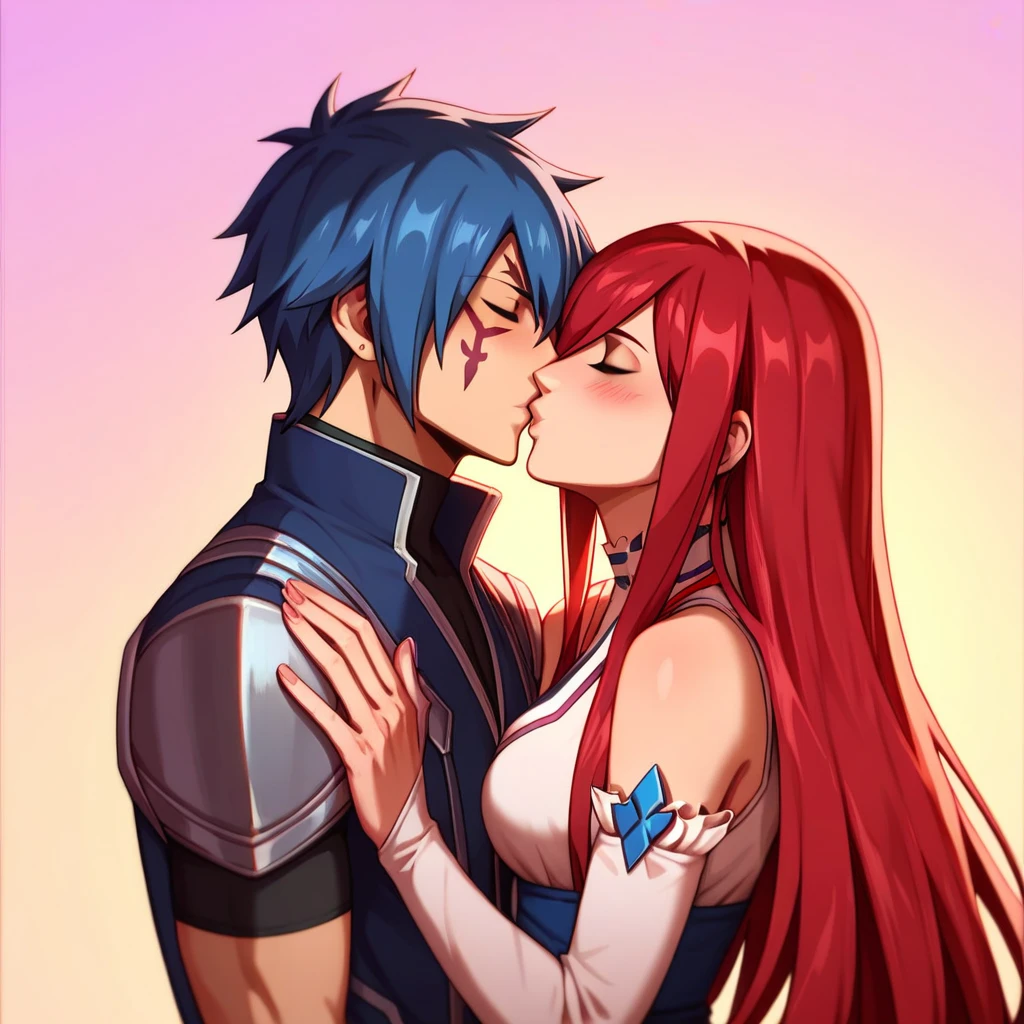 masterpiece, best quality, hetero, couple, 1boy, jellal fernandes, blue hair, short hair, blue coat, hair between eyes, closed eyes, blush, kissing, 1 girl, erza scarlet, red hair, long hair, sidelocks, white shirt, frilled shirt, sleeveless shirt, profile