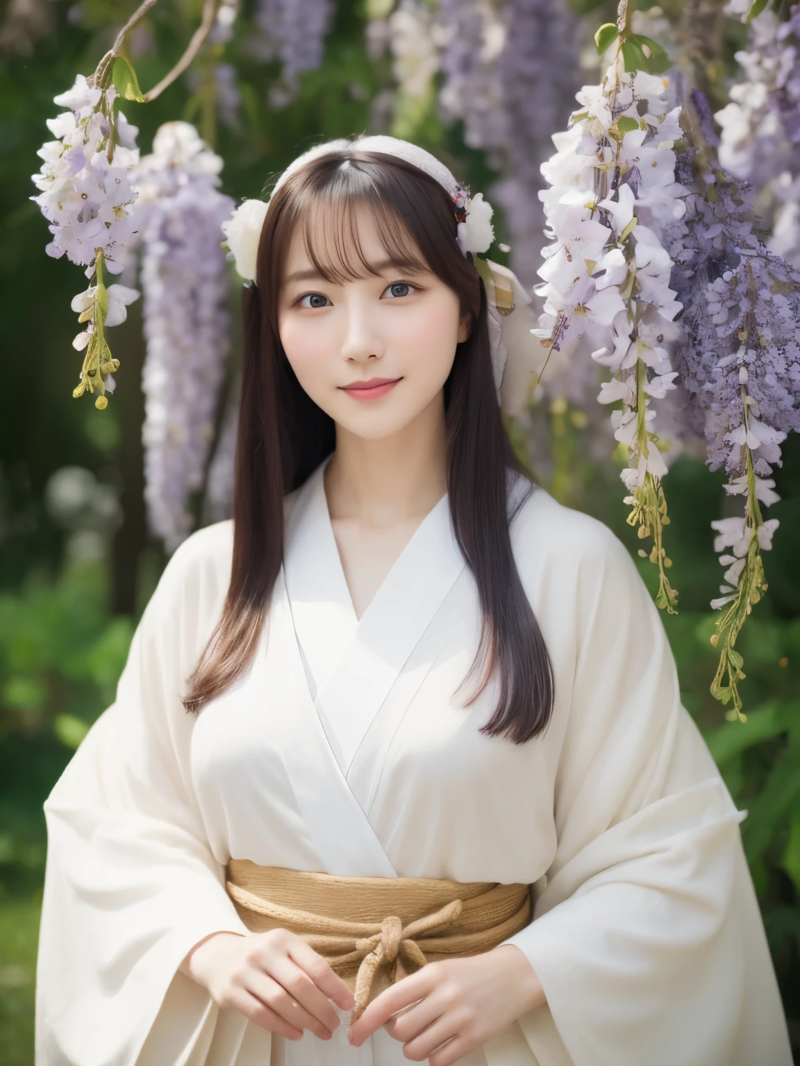 ((Realistic photos:1.3)),((Super detailed)),((sharp:1.5)),1 girl, alone, 櫻flower, flower見, white flower, white flower, Spring, Wisteria, flower瓣, flower, 梅flower, outdoor, falling flower瓣, Dark Eyes, Brightly colored, very traditional and retro exquisite kimono, Purple hair,(Hanfu), Kimono-specific head shapes and headgear,whole body,Medium chest,Beautiful breasts