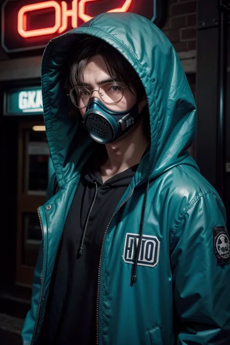 male character, wearing retro round glasses, hooded, blue neon coming out of his clothes, wearing a black gas mask