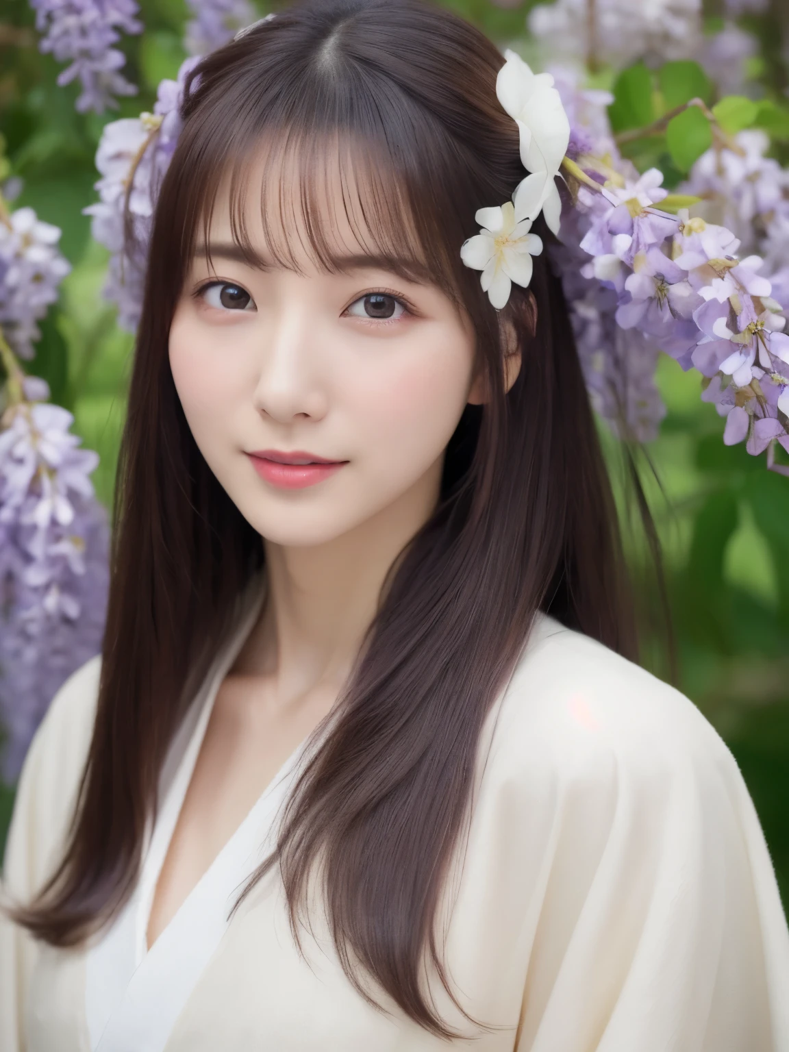 ((Realistic photos:1.3)),((Super detailed)),((sharp:1.5)),1 girl, alone, 櫻flower, flower見, white flower, white flower, Spring, Wisteria, flower瓣, flower, 梅flower, outdoor, falling flower瓣, Dark Eyes, Brightly colored, very traditional and retro exquisite kimono, Purple hair,(Hanfu), Kimono-specific head shapes and headgear,whole body,Medium chest,Beautiful breasts