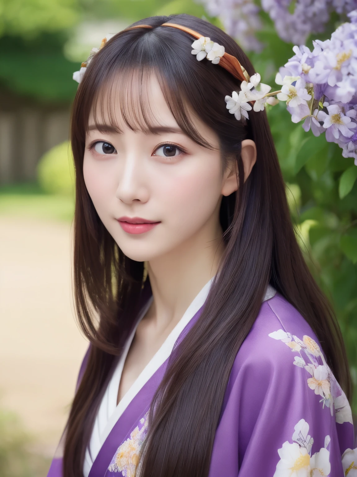 ((Realistic photos:1.3)),((Super detailed)),((sharp:1.5)),1 girl, alone, 櫻flower, flower見, white flower, white flower, Spring, Wisteria, flower瓣, flower, 梅flower, outdoor, falling flower瓣, Dark Eyes, Brightly colored, very traditional and retro exquisite kimono, Purple hair,(Hanfu), Kimono-specific head shapes and headgear,whole body,Medium chest,Beautiful breasts