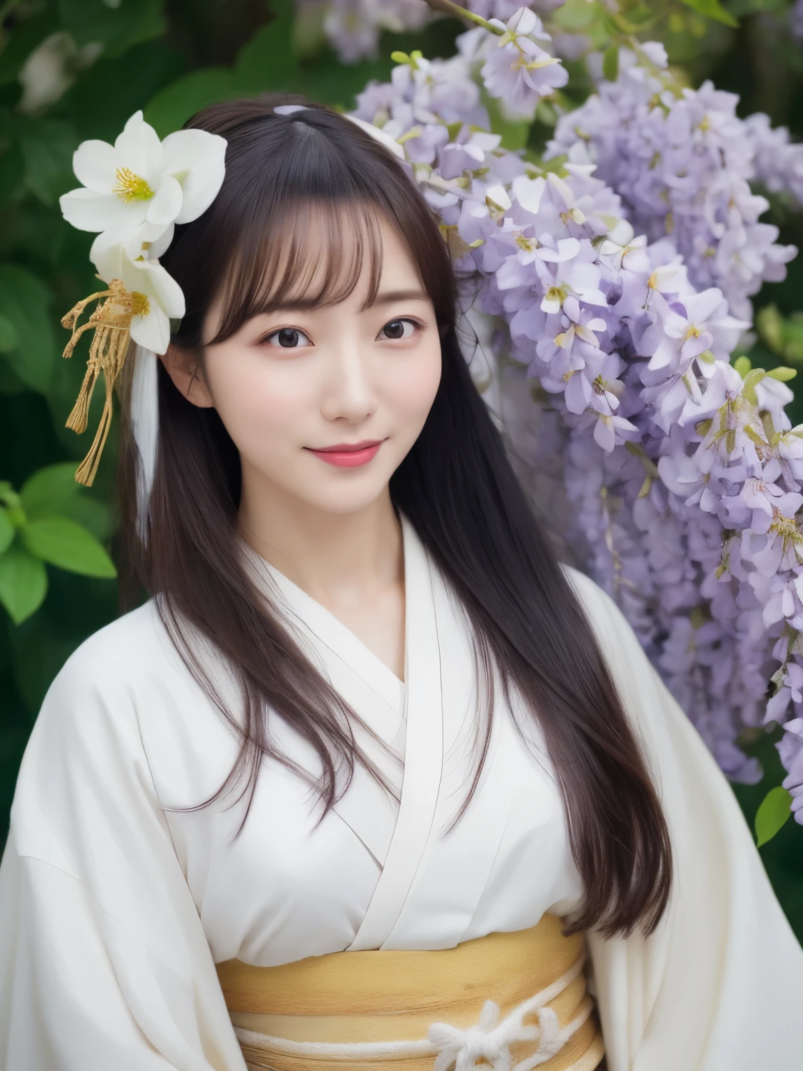 ((Realistic photos:1.3)),((Super detailed)),((sharp:1.5)),1 girl, alone, 櫻flower, flower見, white flower, white flower, Spring, Wisteria, flower瓣, flower, 梅flower, outdoor, falling flower瓣, Dark Eyes, Brightly colored, very traditional and retro exquisite kimono, Purple hair,(Hanfu), Kimono-specific head shapes and headgear,whole body,Medium chest,Beautiful breasts