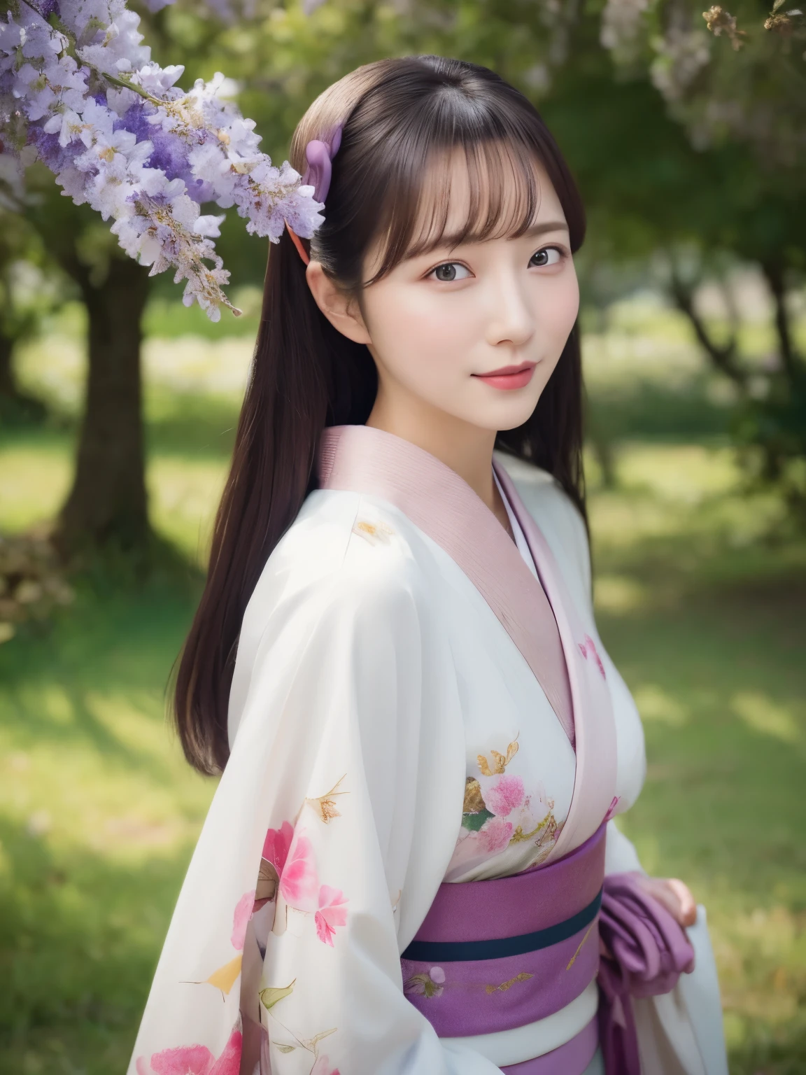 ((Realistic photos:1.3)),((Super detailed)),((sharp:1.5)),1 girl, alone, 櫻flower, flower見, white flower, white flower, Spring, Wisteria, flower瓣, flower, 梅flower, outdoor, falling flower瓣, Dark Eyes, Brightly colored, very traditional and retro exquisite kimono, Purple hair,(Hanfu), Kimono-specific head shapes and headgear,whole body,Medium chest,Beautiful breasts