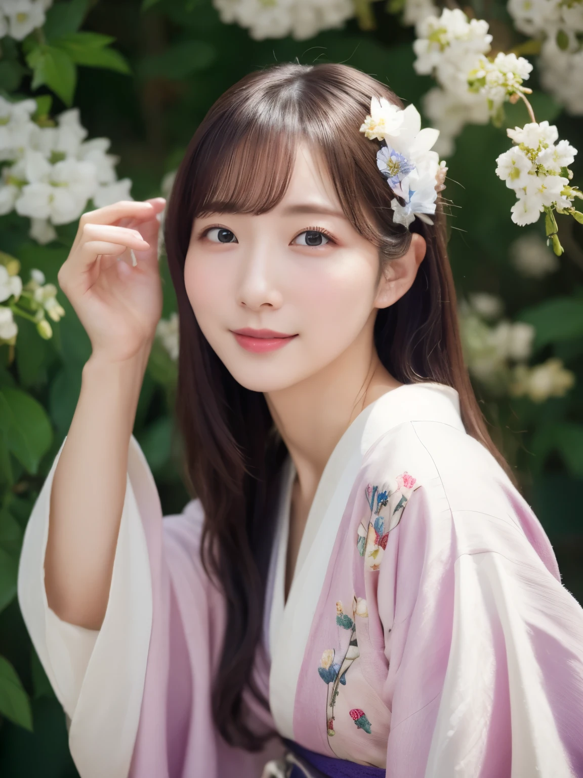 ((Realistic photos:1.3)),((Super detailed)),((sharp:1.5)),1 girl, alone, 櫻flower, flower見, white flower, white flower, Spring, Wisteria, flower瓣, flower, 梅flower, outdoor, falling flower瓣, Dark Eyes, Brightly colored, very traditional and retro exquisite kimono, Purple hair,(Hanfu), Kimono-specific head shapes and headgear,whole body,Medium chest,Beautiful breasts