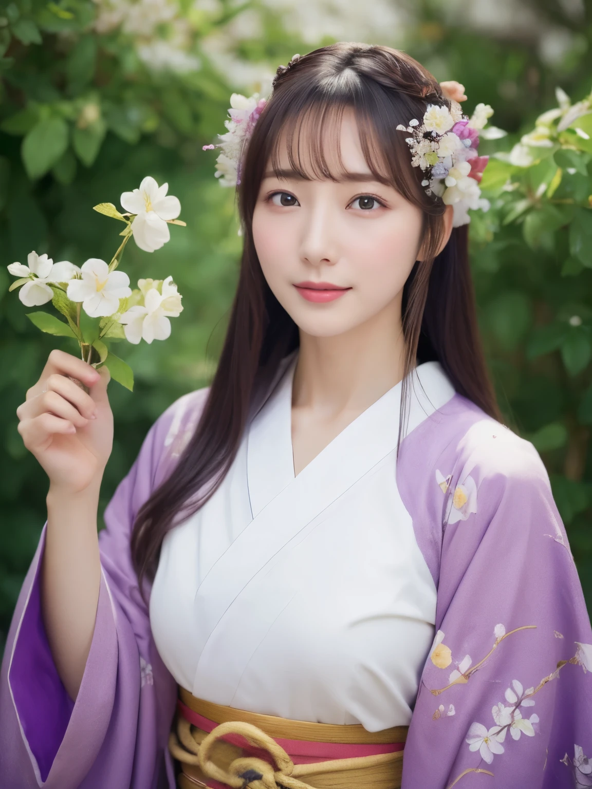 ((Realistic photos:1.3)),((Super detailed)),((sharp:1.5)),1 girl, alone, 櫻flower, flower見, white flower, white flower, Spring, Wisteria, flower瓣, flower, 梅flower, outdoor, falling flower瓣, Dark Eyes, Brightly colored, very traditional and retro exquisite kimono, Purple hair,(Hanfu), Kimono-specific head shapes and headgear,whole body,Medium chest,Beautiful breasts