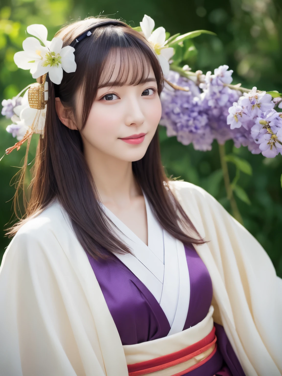 ((Realistic photos:1.3)),((Super detailed)),((sharp:1.5)),1 girl, alone, 櫻flower, flower見, white flower, white flower, Spring, Wisteria, flower瓣, flower, 梅flower, outdoor, falling flower瓣, Dark Eyes, Brightly colored, very traditional and retro exquisite kimono, Purple hair,(Hanfu), Kimono-specific head shapes and headgear,whole body,Medium chest,Beautiful breasts