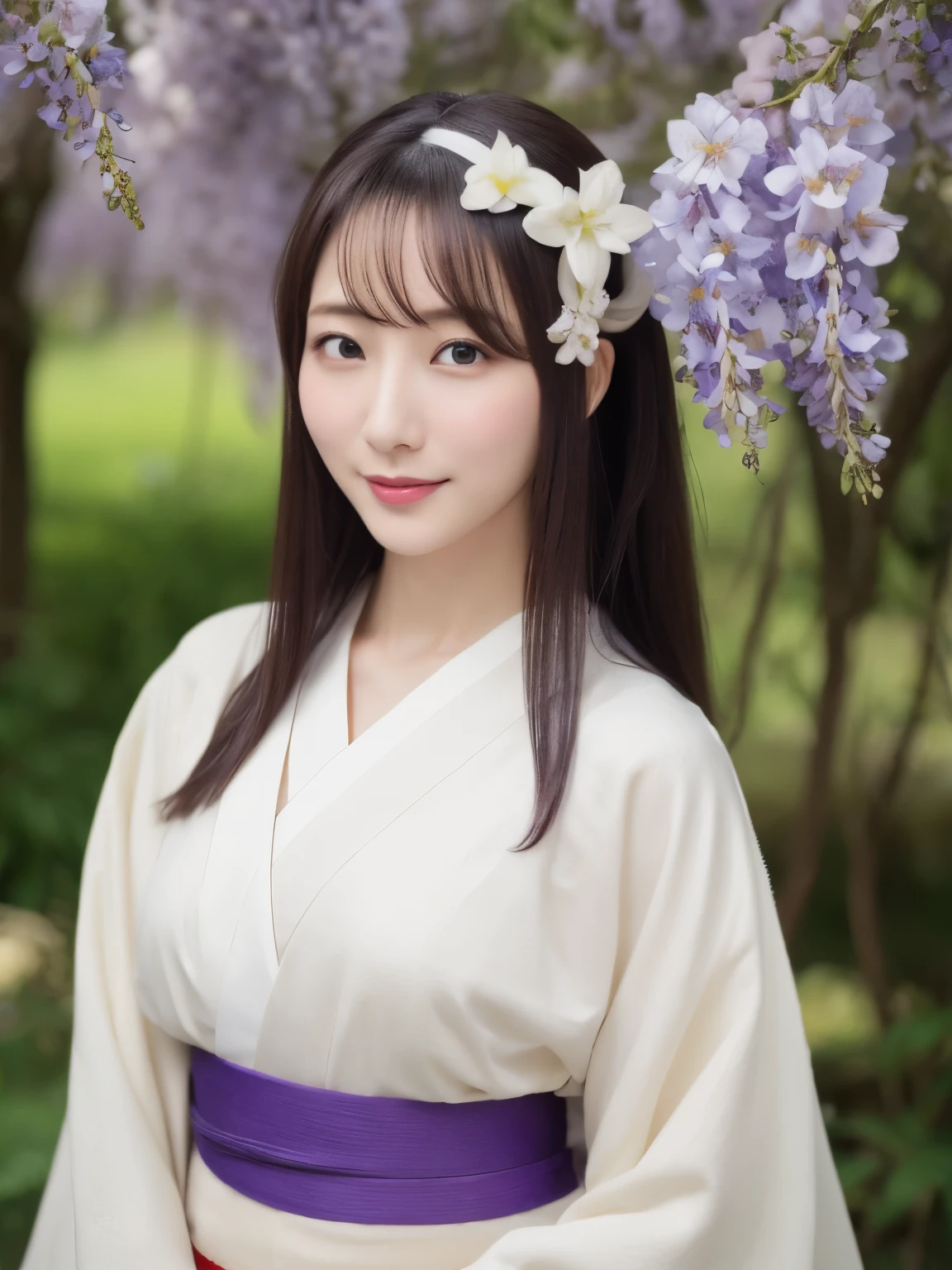 ((Realistic photos:1.3)),((Super detailed)),((sharp:1.5)),1 girl, alone, 櫻flower, flower見, white flower, white flower, Spring, Wisteria, flower瓣, flower, 梅flower, outdoor, falling flower瓣, Dark Eyes, Brightly colored, very traditional and retro exquisite kimono, Purple hair,(Hanfu), Kimono-specific head shapes and headgear,whole body,Medium chest,Beautiful breasts