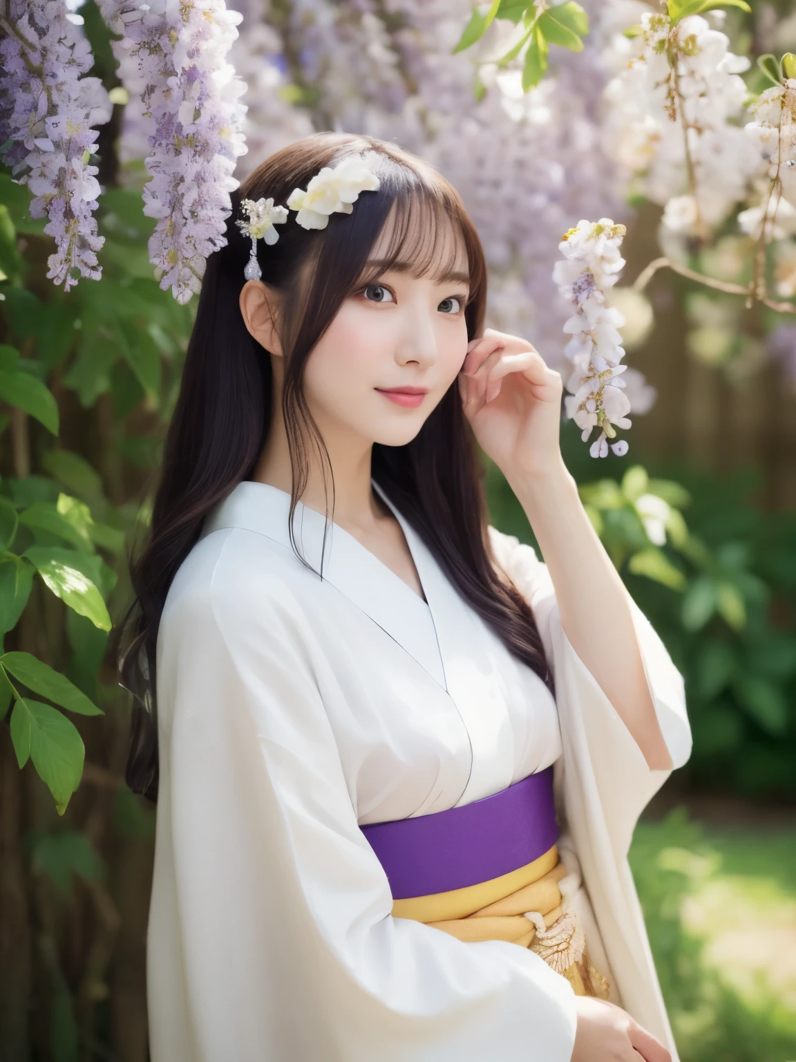 ((Realistic photos:1.3)),((Super detailed)),((sharp:1.5)),1 girl, alone, 櫻flower, flower見, white flower, white flower, Spring, Wisteria, flower瓣, flower, 梅flower, outdoor, falling flower瓣, Dark Eyes, Brightly colored, very traditional and retro exquisite kimono, Purple hair,(Hanfu), Kimono-specific head shapes and headgear,whole body,Medium chest,Beautiful breasts