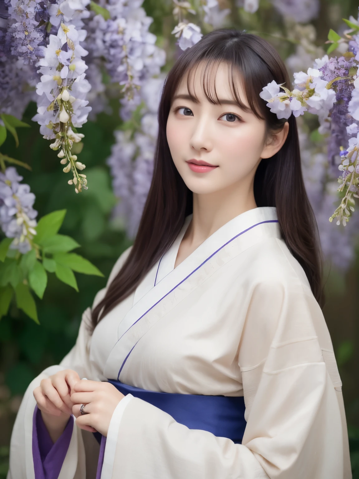 ((Realistic photos:1.3)),((Super detailed)),((sharp:1.5)),1 girl, alone, 櫻flower, flower見, white flower, white flower, Spring, Wisteria, flower瓣, flower, 梅flower, outdoor, falling flower瓣, Dark Eyes, Brightly colored, very traditional and retro exquisite kimono, Purple hair,(Hanfu), Kimono-specific head shapes and headgear,whole body,Medium chest,Beautiful breasts