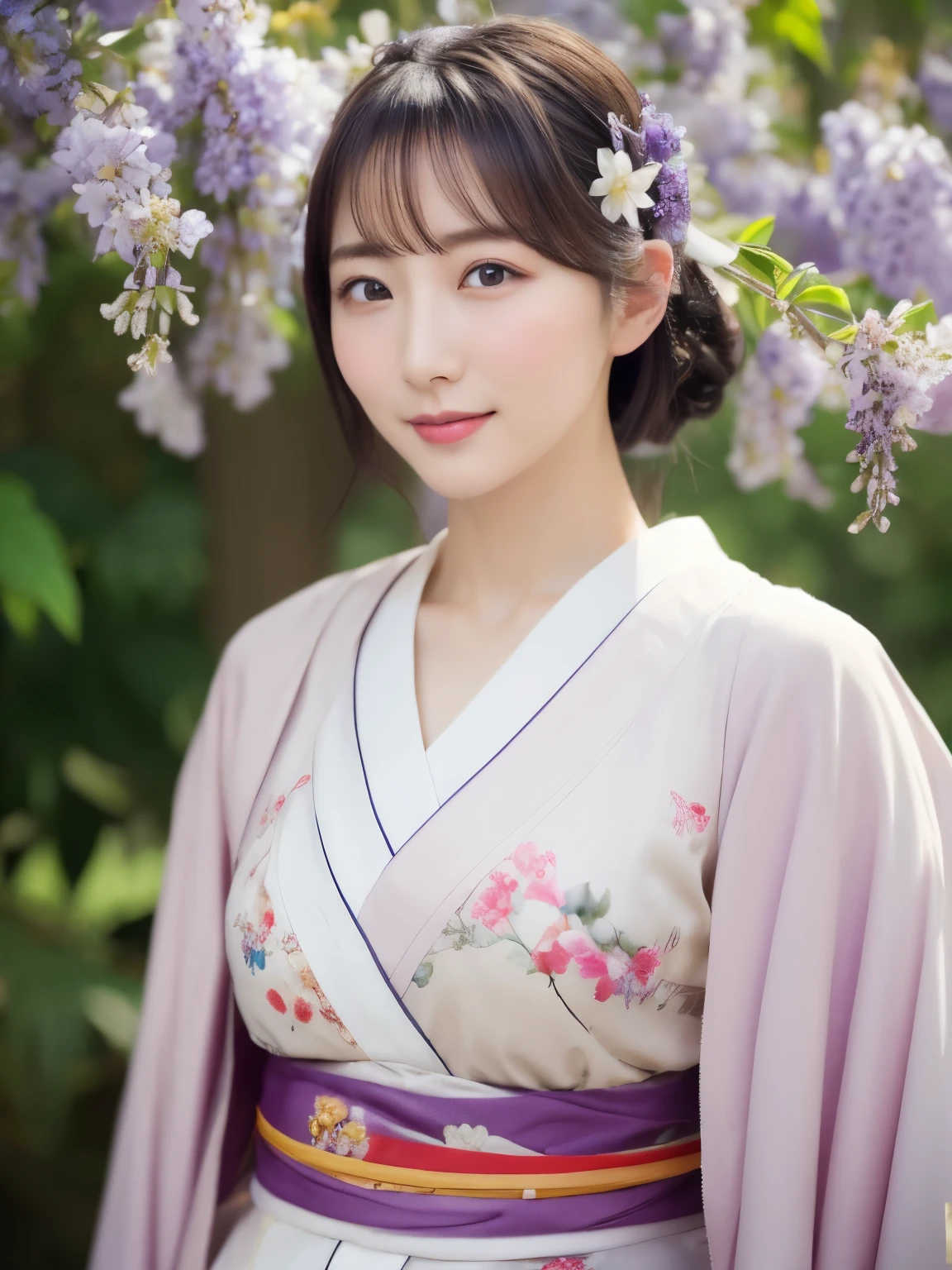 ((Realistic photos:1.3)),((Super detailed)),((sharp:1.5)),1 girl, alone, 櫻flower, flower見, white flower, white flower, Spring, Wisteria, flower瓣, flower, 梅flower, outdoor, falling flower瓣, Dark Eyes, Brightly colored, very traditional and retro exquisite kimono, Purple hair,(Hanfu), Kimono-specific head shapes and headgear,whole body,Medium chest,Beautiful breasts