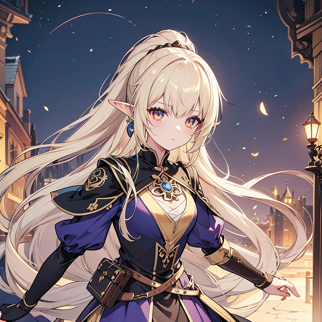 Eye patch、Witch costume、elf、grimoire、magic circle、A look that seems to be relaxed、Long Hair, chest, Blonde, ponytail, Pointy Ears, Highest quality, Snap your fingers、One Woman, Detailed face, Soft Lighting, Soft Light, Soft Focus, Perfect Face, Beautiful and accurate anatomy, Expose too much, 8k, 4K, (High resolution:1.1), Best Quality, (masterpiece:1.3), One girl, alone, jewelry, brown eyesSee viewers, Earrings on only one ear、Beautiful woman、Medieval streetscape、Night view、Shining magic circle