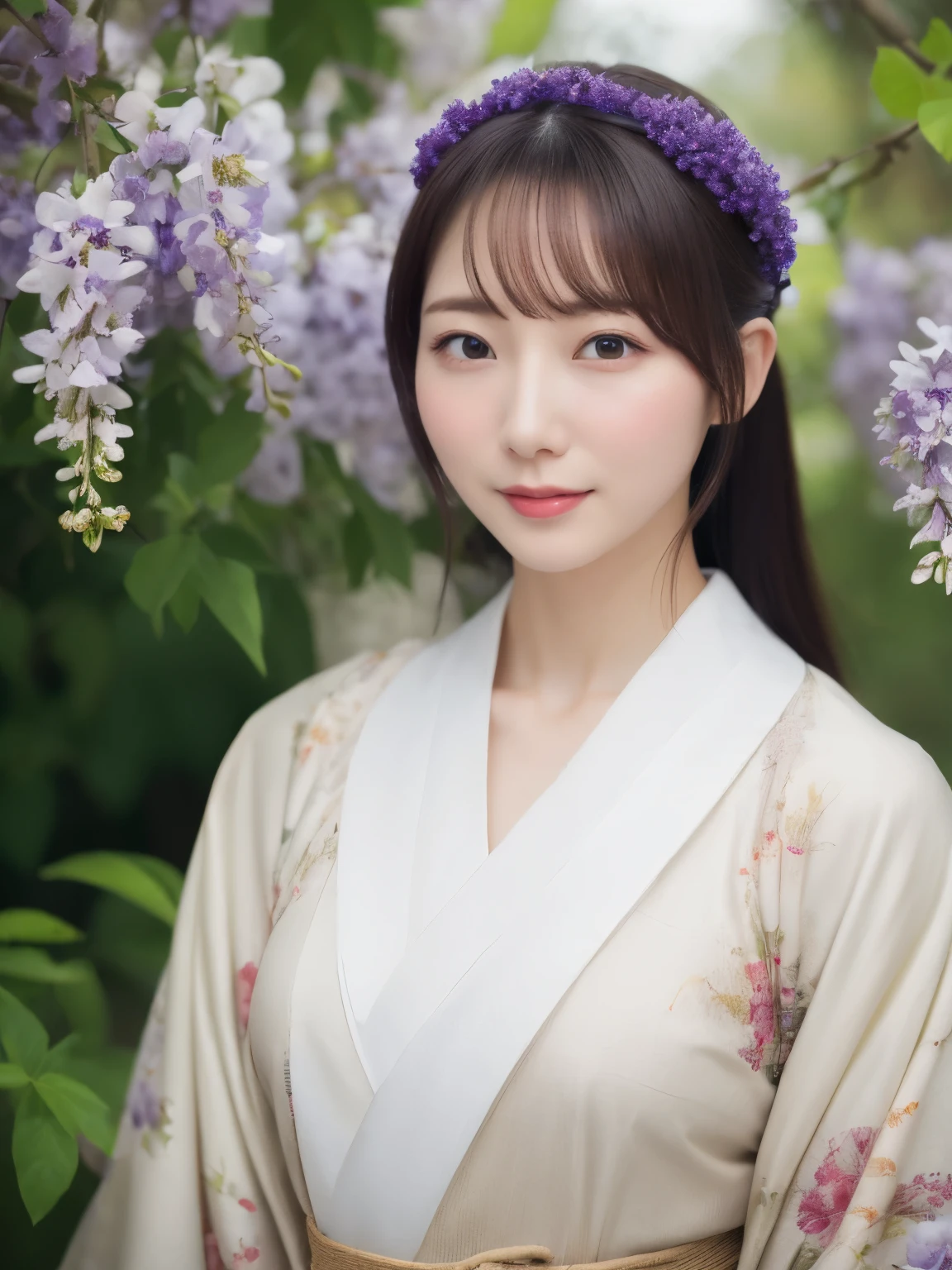 ((Realistic photos:1.3)),((Super detailed)),((sharp:1.5)),1 girl, alone, 櫻flower, flower見, white flower, white flower, Spring, Wisteria, flower瓣, flower, 梅flower, outdoor, falling flower瓣, Dark Eyes, Brightly colored, very traditional and retro exquisite kimono, Purple hair,(Hanfu), Kimono-specific head shapes and headgear,whole body,Medium chest,Beautiful breasts