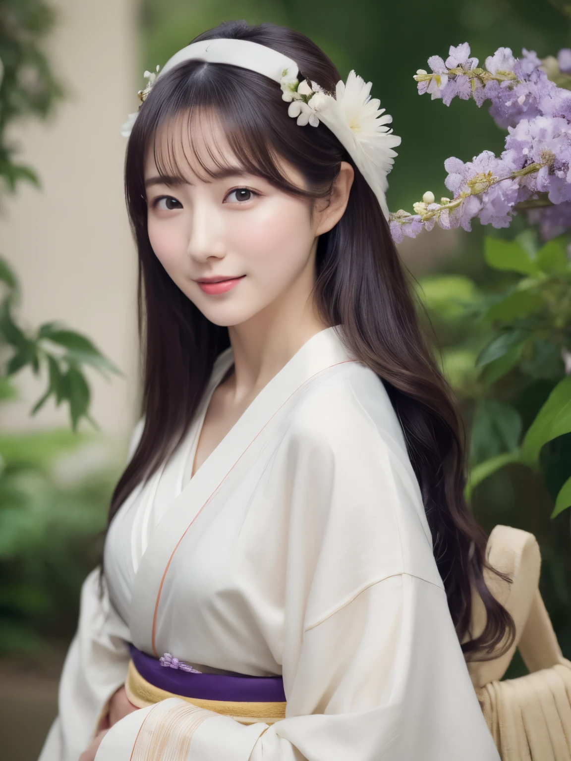 ((Realistic photos:1.3)),((Super detailed)),((sharp:1.5)),1 girl, alone, 櫻flower, flower見, white flower, white flower, Spring, Wisteria, flower瓣, flower, 梅flower, outdoor, falling flower瓣, Dark Eyes, Brightly colored, very traditional and retro exquisite kimono, Purple hair,(Hanfu), Kimono-specific head shapes and headgear,whole body,Medium chest,Beautiful breasts