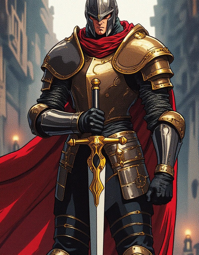 Dark Knight, male focus, dynamic pose, full armor, (black armor:1.1), (gold armor:0.9) breastplate, gauntlets, helmet, holding, sword, solo, holding sword, pauldrons, shoulder armor,, standing, anime coloring, outdoors, detailed background