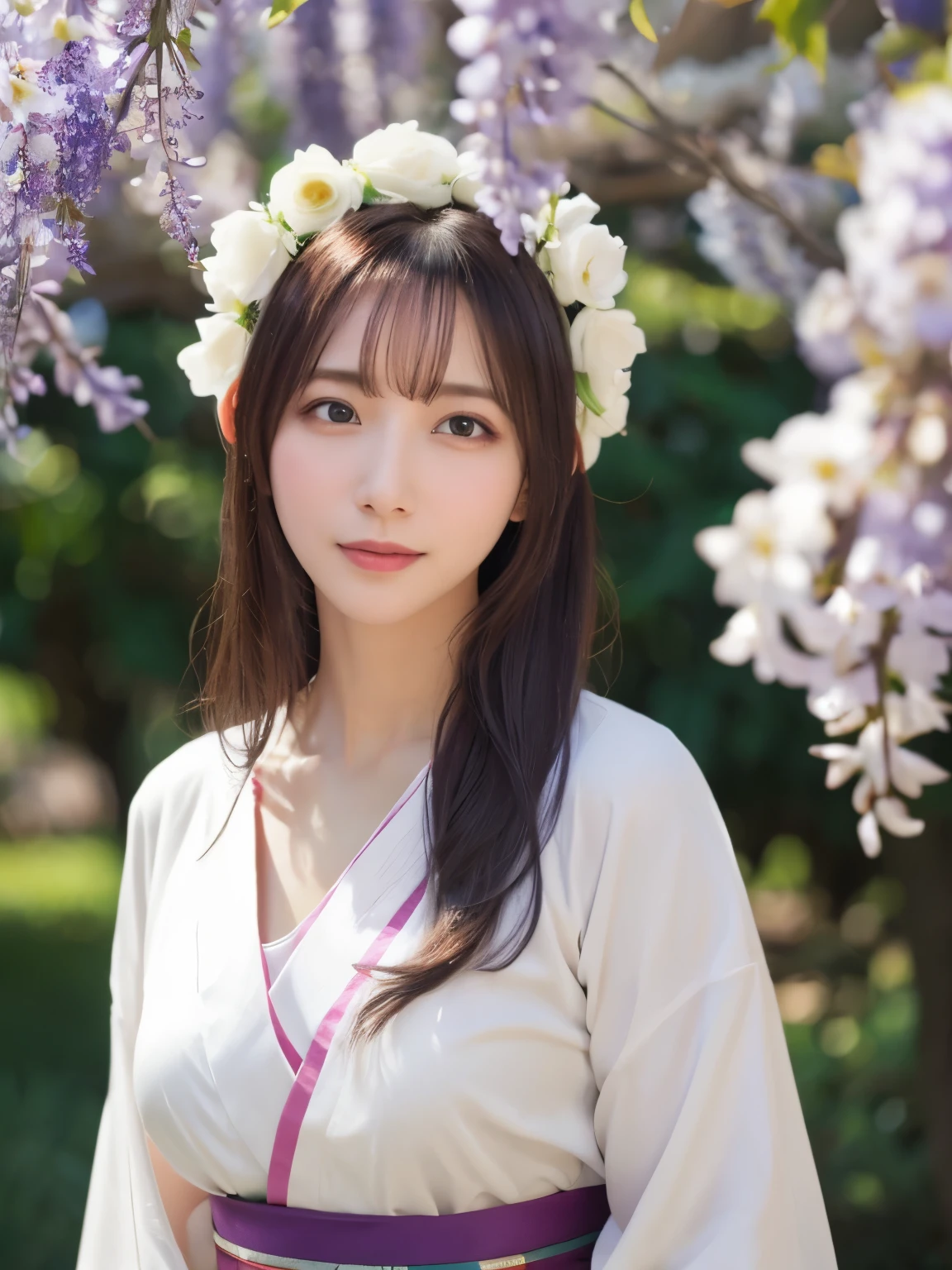 ((Realistic photos:1.3)),((Super detailed)),((sharp:1.5)),1 girl, alone, 櫻flower, flower見, white flower, white flower, Spring, Wisteria, flower瓣, flower, 梅flower, outdoor, falling flower瓣, Dark Eyes, Topless, Purple hair,(Hanfu), Kimono-specific head shapes and headgear,whole body,Medium chest,Beautiful breasts