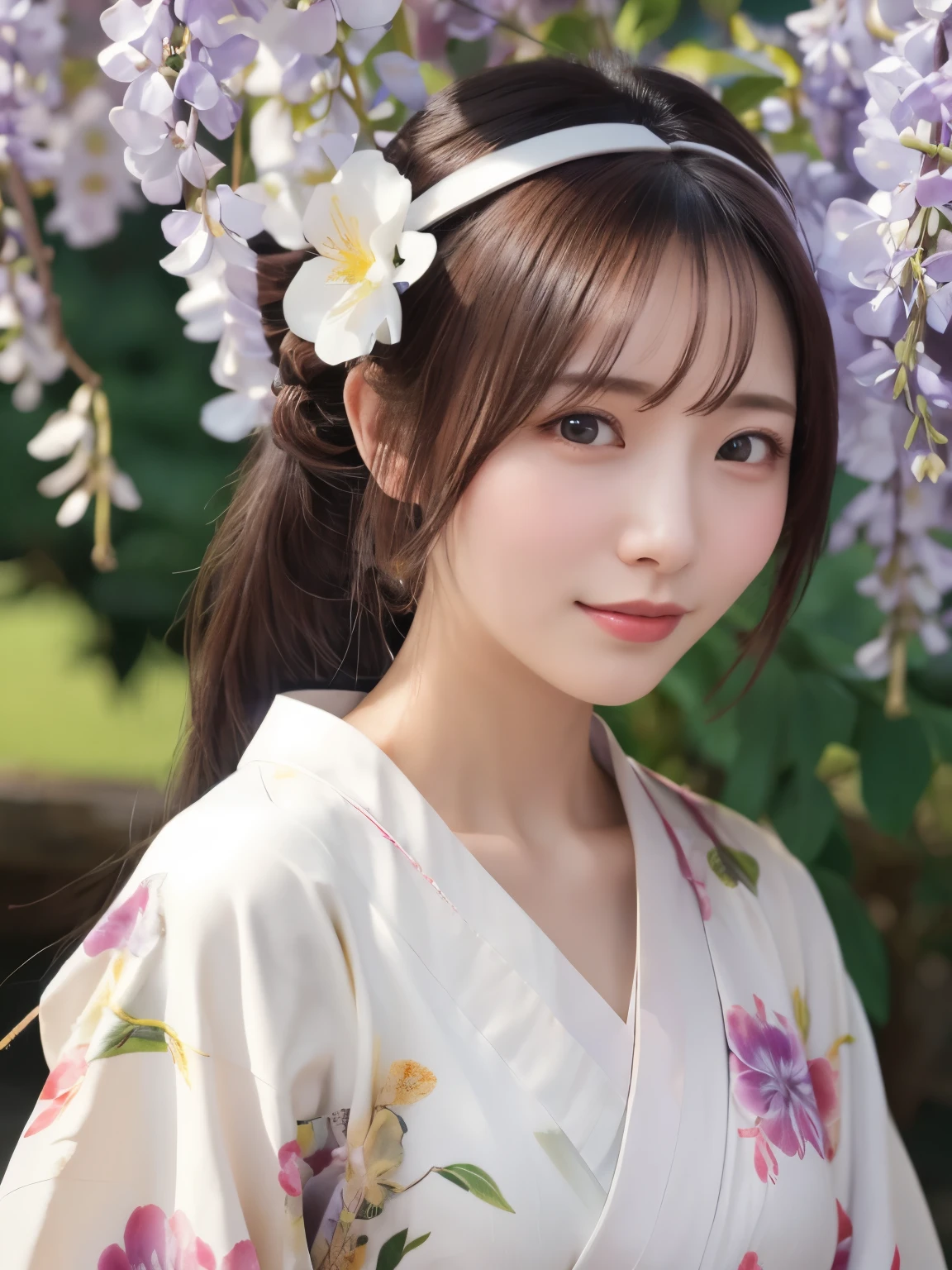 ((Realistic photos:1.3)),((Super detailed)),((sharp:1.5)),1 girl, alone, 櫻flower, flower見, white flower, white flower, Spring, Wisteria, flower瓣, flower, 梅flower, outdoor, falling flower瓣, Dark Eyes, naked,Completely naked, Purple hair,(Hanfu), Kimono-specific head shapes and headgear,whole body,Medium chest,Beautiful breasts