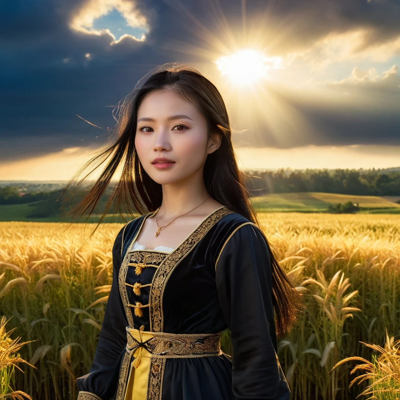 (Realisticity: 1.3), Fine, Quality, Rembrandt Lighting, (Masterpiece: 1.2), (Realisticity: 1.2), (Best Quality), (Skin Details: 1.3), (Intricate Detail), Dramatic, Idyllic, Ray Tracing, 1girl, Chinese Yellow Girl, Long Black Hair, 2, Modern Clothing (Meadow, Sun, Clouds, Fields, Farms, Starlight, Trails)  