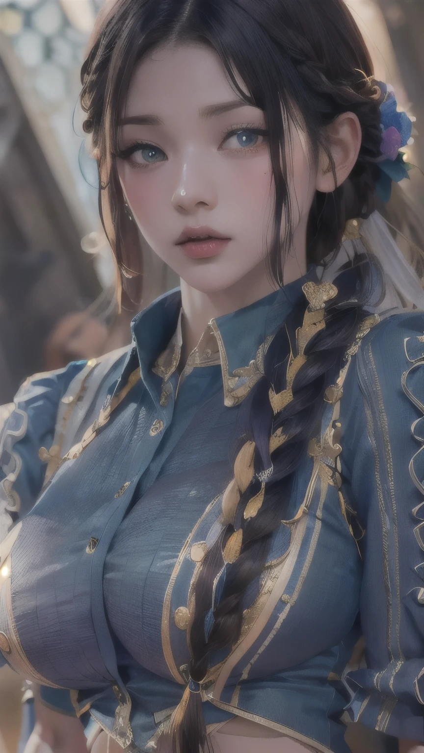 ,extremely detailed CG unity 8k wallpaper,best quality,realistic,world masterpiece,(highres, ultra detailed,8K),black hair with beautiful and detailed braids, blue and Friday clothes, with sexy skirt, silver and yellow eyes, best quality, good resolution,Huge breasts, ((full body))