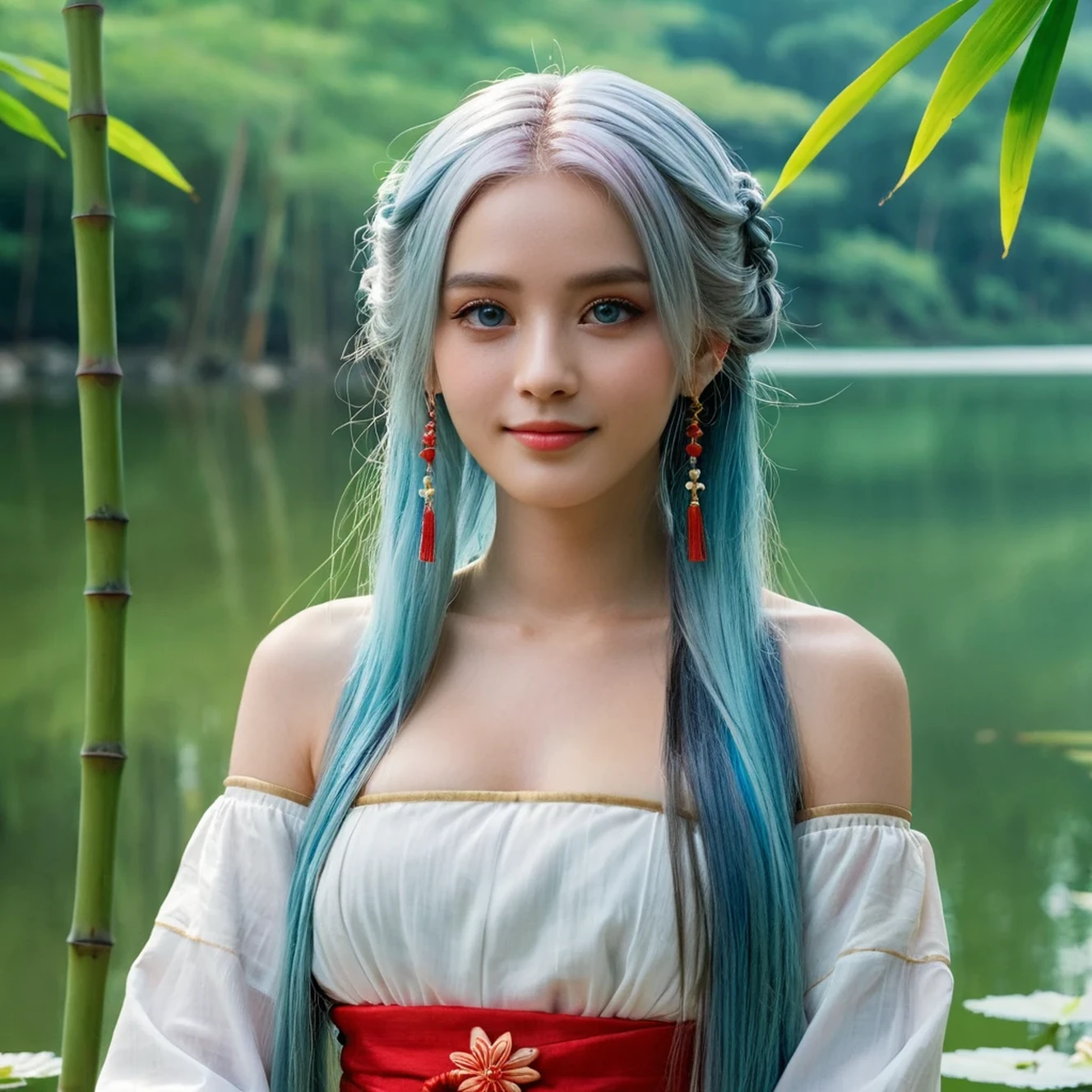 Masterpiece, Best Quality, Official Art, 8k Wallpaper, Very Detailed, Illustration, 1 Girl, Sky Blue Hair, Long Hair, Detailed Eyes, Forrest Gump, Bare Shoulders, Hanfu, Lake, Pure, Soft Smile, bamboo, tea