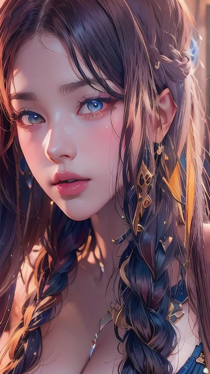 ,extremely detailed CG unity 8k wallpaper,best quality,realistic,world masterpiece,(highres, ultra detailed,8K),black hair with beautiful and detailed braids, blue and Friday clothes, with sexy skirt, silver and yellow eyes, best quality, good resolution,Huge breasts, ((full body))