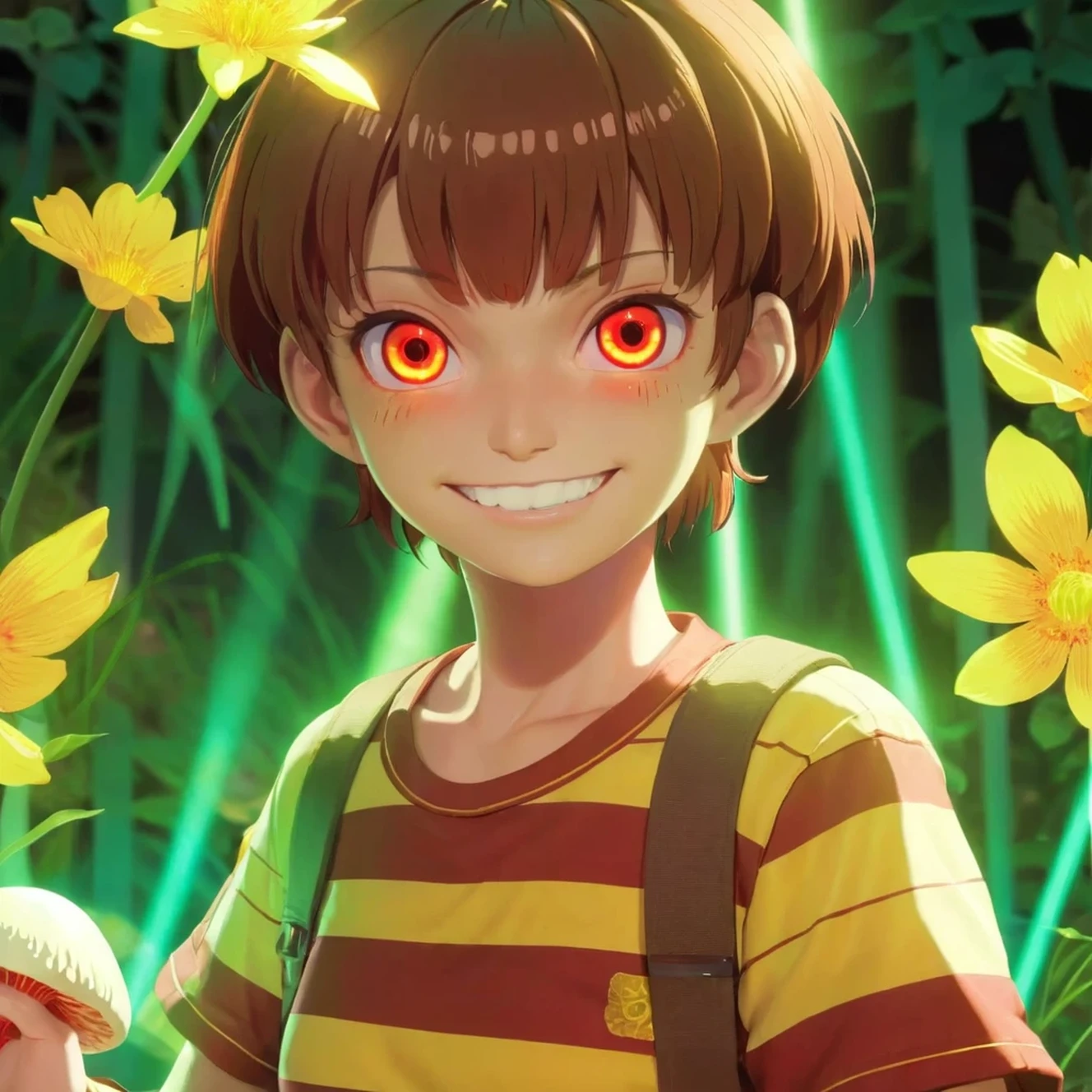 Red eyes, girl, holding a knife, yellow-green striped shirt with thicker stripes, red eyes glowing red, head tilted, short brown hair mushroom head, with a clear smile on his face, Chara, two-dimensional, standing among golden flowers with a ray of light above his head