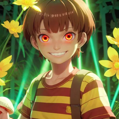 red eyes, girl, holding a knife, yellow-green striped shirt with thicker stripes, red eyes glowing red, head tilted, short brown...