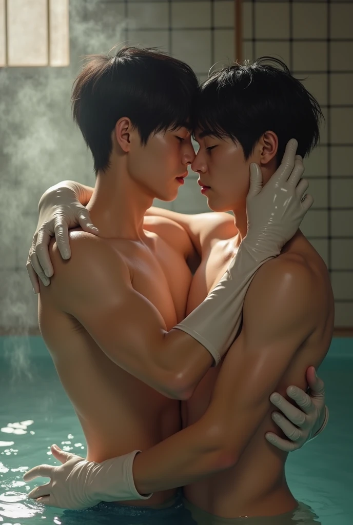 two handsome and muscular Japanese young men in early twenties、Public bath、cuddling, blushing, Completely naked, both wearing doctor gloves, white shiny latex gloves, 