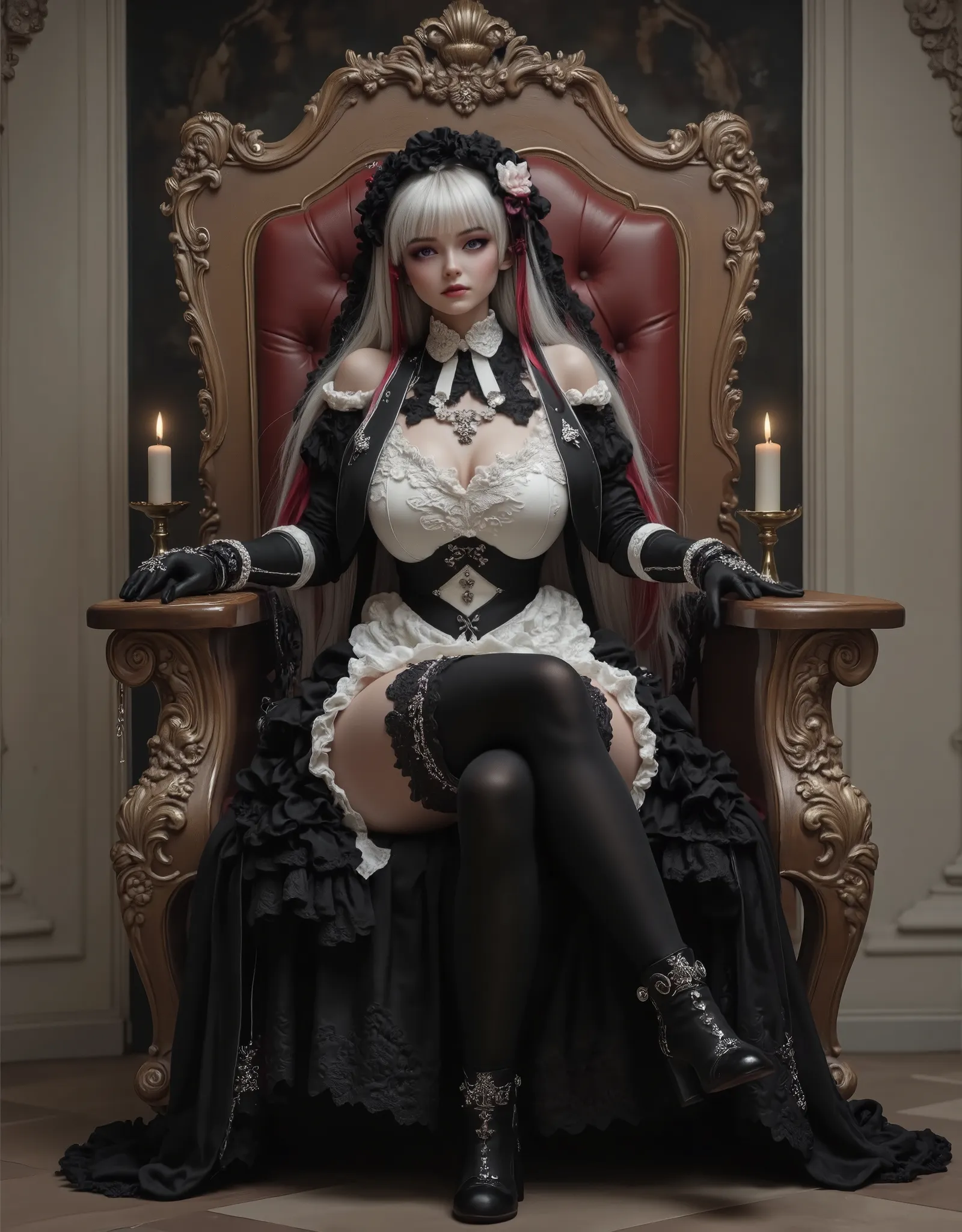 a realistic photo of a beautiful girl sitting on a throne, the albino girl has purple eyes hair eyebrow and white eyelashes, dre...