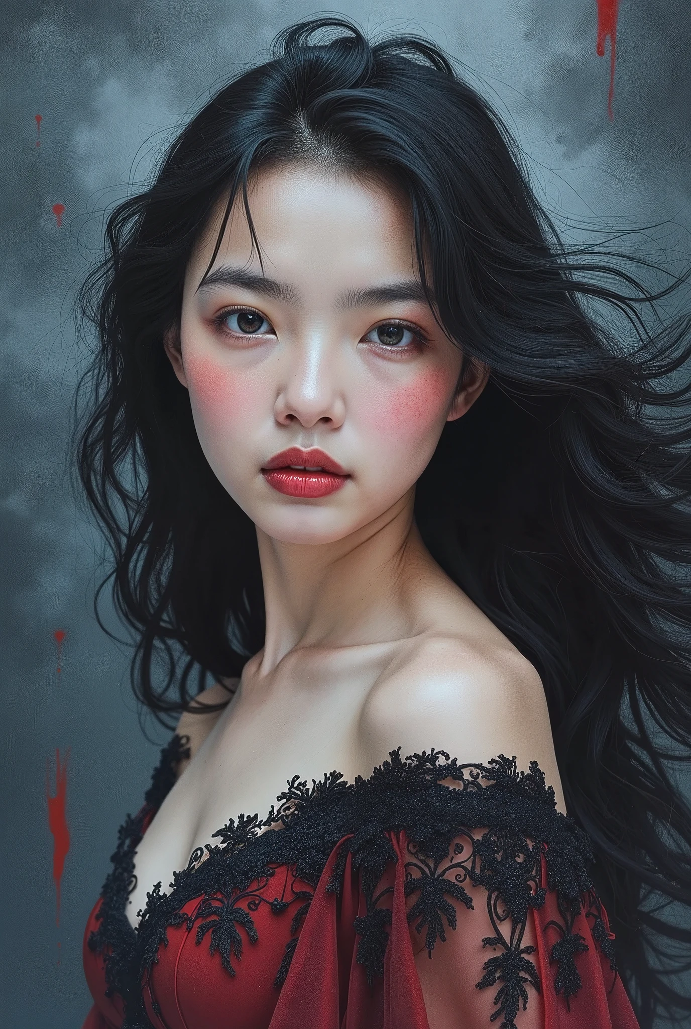 a beautiful southeast asian vampire,1girl,watercolor painting,extremely detailed face,beautiful detailed eyes,beautiful detailed lips,long black hair,pale skin,fangs,elegant dress,dramatic lighting,moody atmosphere,vivid colors,masterpiece,photorealistic,award winning,highly detailed,intricate details,sharp focus