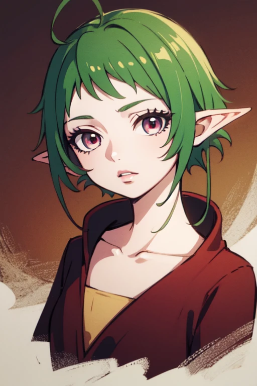 ((best quality)), ((masterpiece)), (detailed), perfect face. Asian girl. Green hair. Short hair. Elf. Maroon eyes.