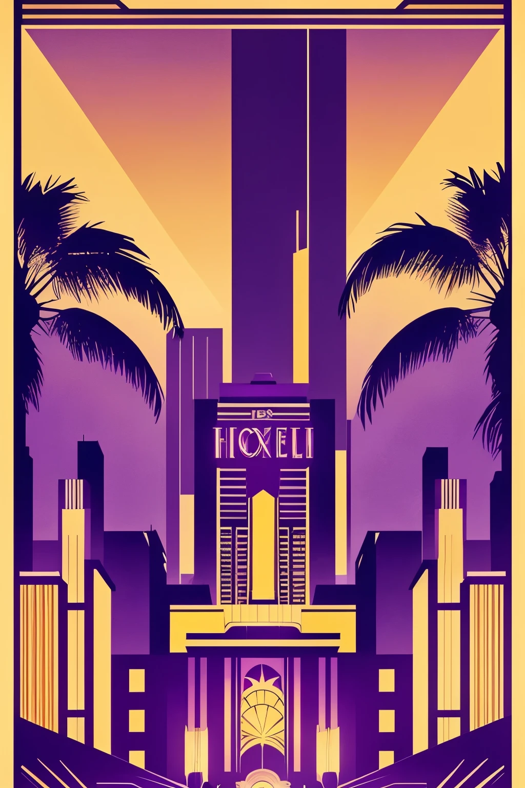 Art deco, golden poster, luxury hotel posters, island paradise posters, art deco, deco style, purple, purple colour