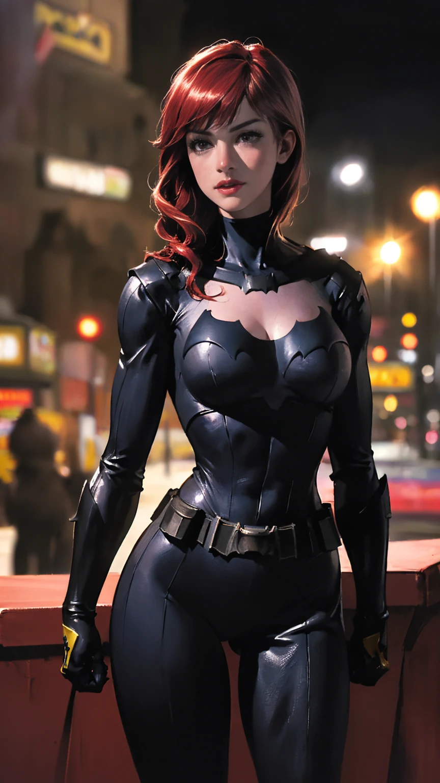 ((masterpiece, Highest quality, High resolution, Realistic, to be born, 16k wallpaper)),a 20s very beautiful face batwoman wearing batman mask, ((Anne Hathaway as Batgirl holding a Batarang)), wearing cyberpunk Batgirl armor with cape, (dynamic pose), no mask, defined muscles, red hair, athletic build, tight costume, very beautiful, ((sexy, small natural breast, cleavage, nippin, camel toe)), (highly detailed skin: 1.2), serious face, beautiful face, highly detailed skin, skin pores, (highly detailed face:1.1), (highly detailed eyes:1.1), realistic pupils, full face blush, full lips, (perfect anatomy:1.1), (perfect proportions:1.1), (photography:1.1), (photorealistic:1.1), volumetric lighting, dynamic lighting, real shadows, (highres:1.1), sharp focus, (realistic, hyperrealistic:1.4), intricate, high detail, dramatic, subsurface scattering, vivid, polished, sharpened, 35mm, 8k, (((Night photography, Gotham city background)