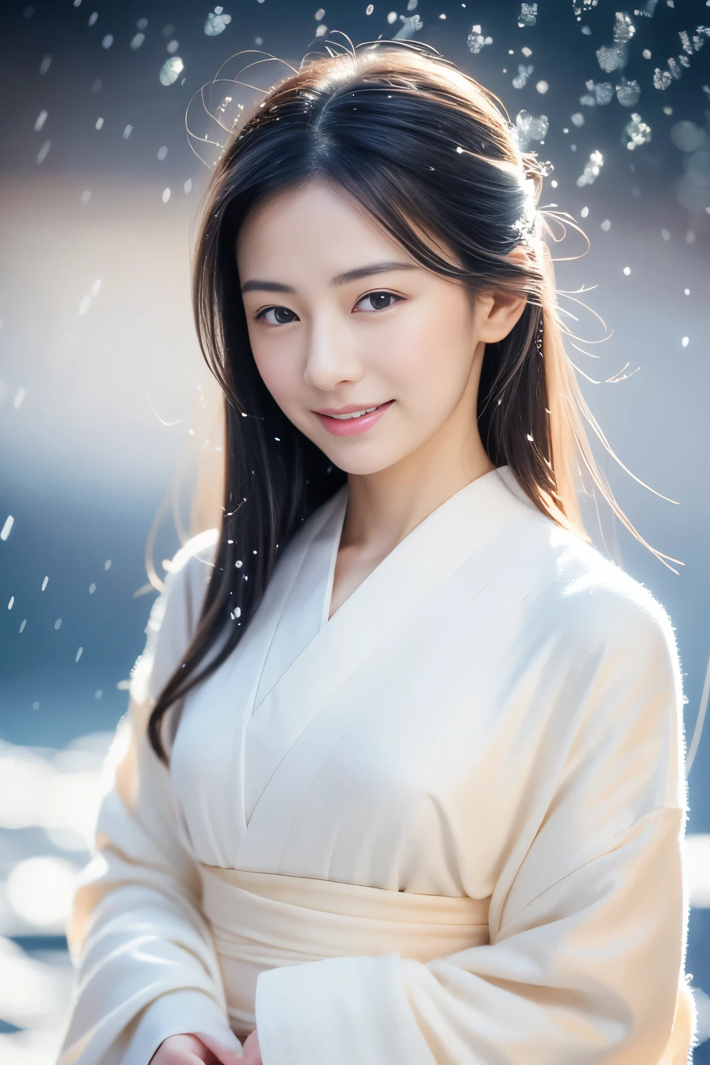 Realistic photos, Beautiful Eyes, A refreshing smile, Flowing black hair, Elegant kimono, Snow Background, Calm expression, Soft lighting, Traditional Japanese art style, Vibrant colors, Peaceful atmosphere, Delicate features, Graceful posture