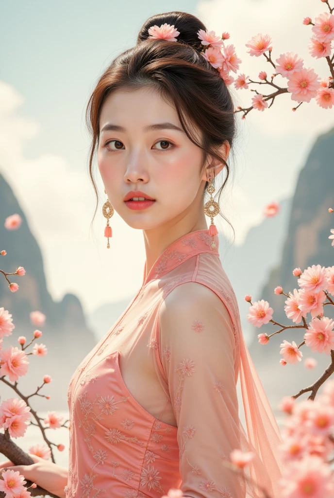 Official art， Unity 8k wallpaper， Super Detail， Beautiful and beautiful， masterpiece， Best quality， （Realistically：1.4）， （Dynamic Angle：1.4）， grace， Bright colors， ， Zhong Fenghua， 1 Girl， Lips slightly open， （Flowers twinkle：1.5）， （solo：1.5）， （Looking into the camera：1.3）， Umbellate， （See-through Hanfu：1.3）， （Small Flower：1.5）， （plaster：1.3）， （Flowering：1.3）， Radiant Skin， （Floating colorful glitter：1）The most beautiful form of chaos， （Light background：1.5）， （Traditional Chinese landscape painting background：1.3），  Full body nymphomaniac，Normal fingers，Only two hands，