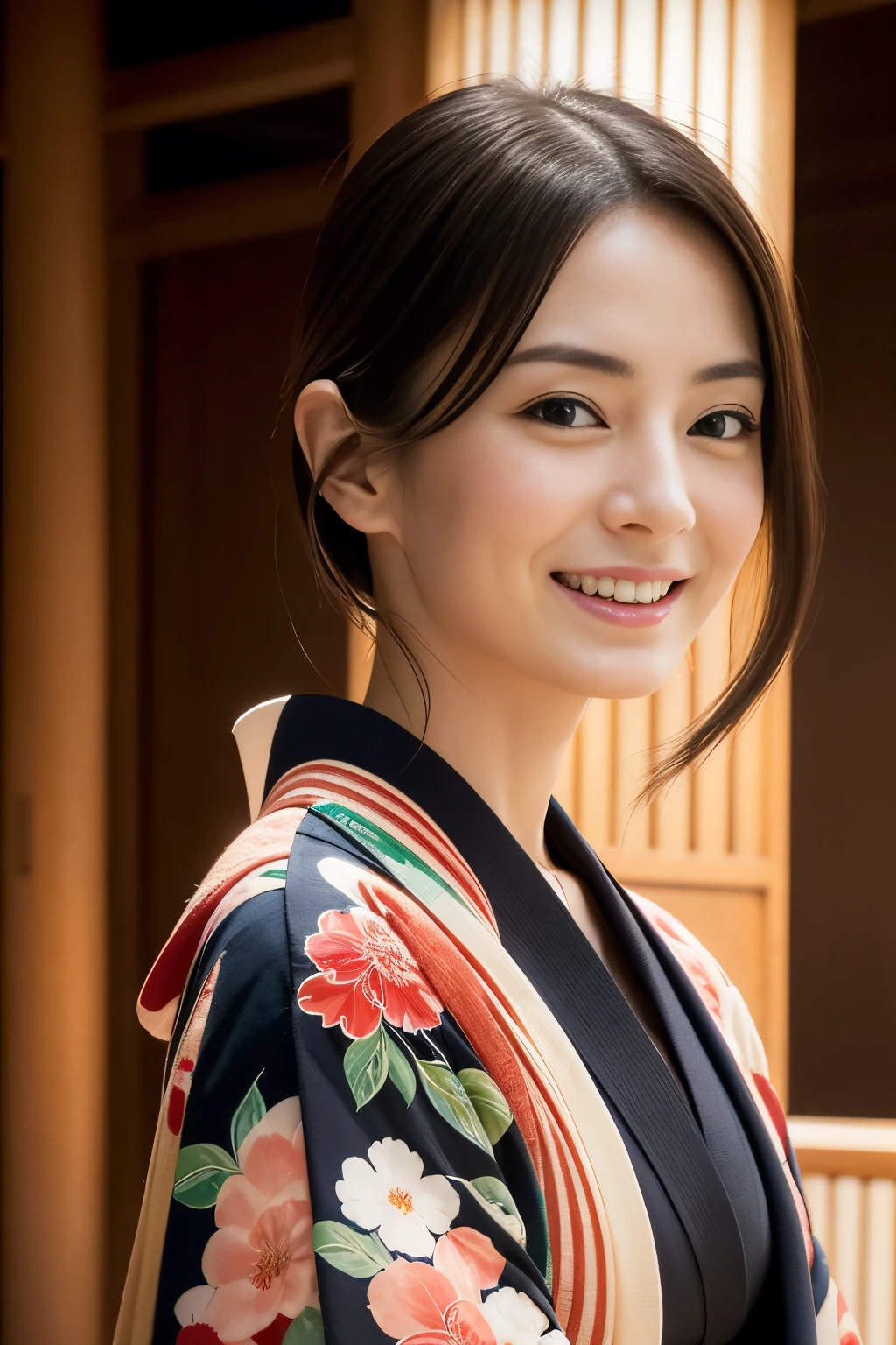 Realistic photos, Beautiful Eyes, A refreshing smile, Flowing black hair, Elegant kimono, Vivid Kimono、Kyoto、temple, Calm expression, Soft lighting, Traditional Japanese art style, Vibrant colors, Peaceful atmosphere, Delicate features, Graceful posture