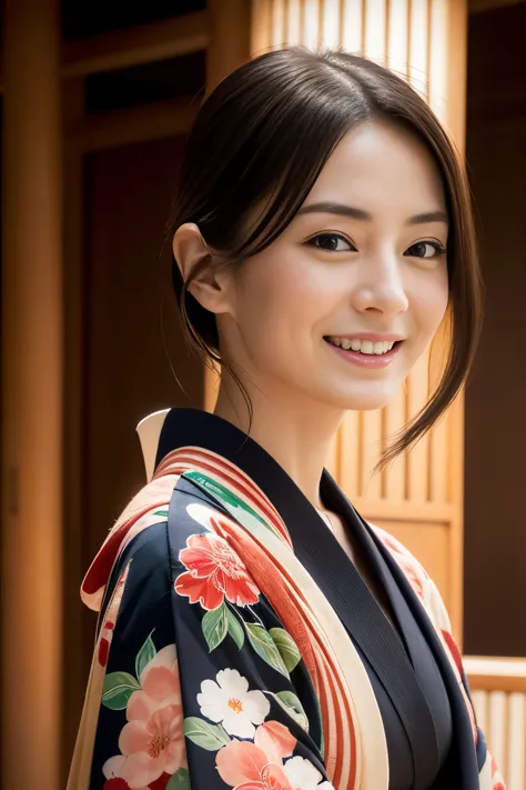 realistic photos, beautiful eyes, a refreshing smile, flowing black hair, elegant kimono, vivid kimono、kyoto、temple, calm expres...