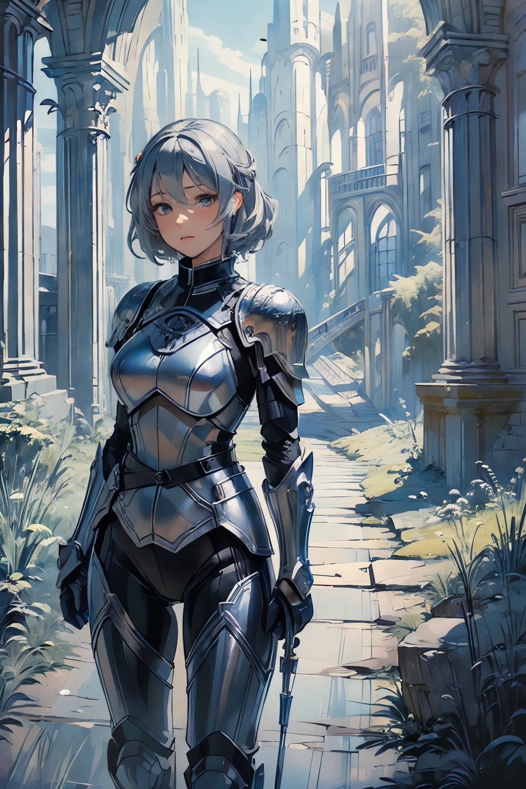 (((masterpiece))), (((Best Quality))), ((Super detailed)), (Cinematic Lighting), (Illustration), (Beautiful attention to detail), (1人のgirl), whole body, space, knight, armor, Light Hair, walk, Castle in the distance, Best Quality, Expressive eyes, Perfect Face, girl: (20th Generation, Gray Hair, short hair, Black jumpsuit, grey and blue armor),
