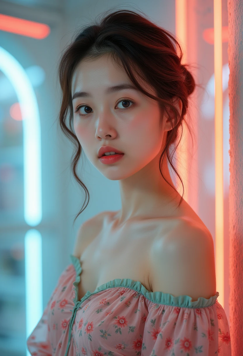 masterpiece, Best quality, (1 woman), Extremely detailed, [Subtle details, high resolution, 8K Picture Quality, Ultra HD, Perfect dynamic composition, Beautiful detailed eyes,  [Pretty Norwegian girl portrait,Off-the-shoulder green-trimmed pink floral dress, Extra Very Short Hair, Abstract Background, Very shy, Diffused neon lights in the background,