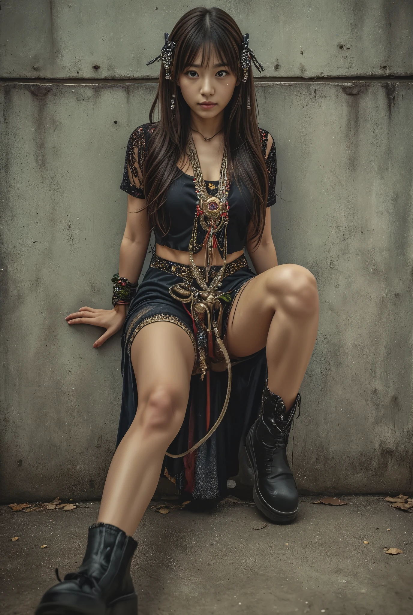 photo of Japanese girl, 1girl, long hair, brown hair, 

The image features a woman set against a rustic concrete wall emanating a gritty texture. She is posed sitting, yet positioned in a dynamic and somewhat theatrical manner, with her leg stretched artistically and one hand placed delicately on the ground while the other touches her hair. Her attire is lavish, hinting at bohemian elements; it includes layered skirts with a fusion of earthy colors, a textured top adorned with embellishments, beads, and a decorative headpiece which adds a dramatic flair to her ensemble. Her makeup is bold, emphasizing her eyes and pale skin, contrasting with her dark hair and the soft yet fierce expression on her face. This setup and styling, combined with the desaturated tones of the background, evoke a mood of rustic fashion and artistic expression. The woman's intense gaze away from the viewer invites speculation about her thoughts, adding a layer of intrigue to the image.