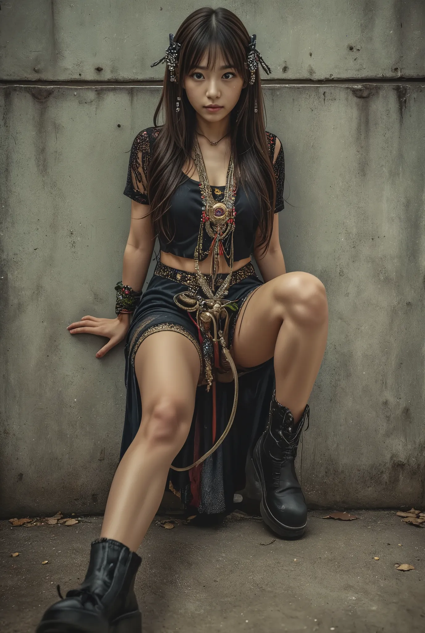 photo of japanese girl, 1girl, long hair, brown hair, 

the image features a woman set against a rustic concrete wall emanating ...