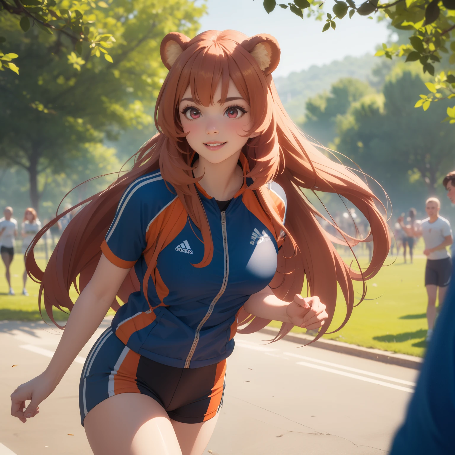 (the best quality,ultra detailed,photorealistic:1.37), (raphtalia) bright and vibrant colors,studio lighting,playful expression,elegant makeup,Long orange hair waving in the wind,seductive red eyes, bear ears, big breasts, shiny lips,pose sexy,sports well,  tight sports clothing, neckline, running in the park, smiling confidently and seductively,posing for a professional photo shoot,shallow depth of field,highlighting the main topic,soft natural lighting,Creating a dreamy and magical atmosphere..