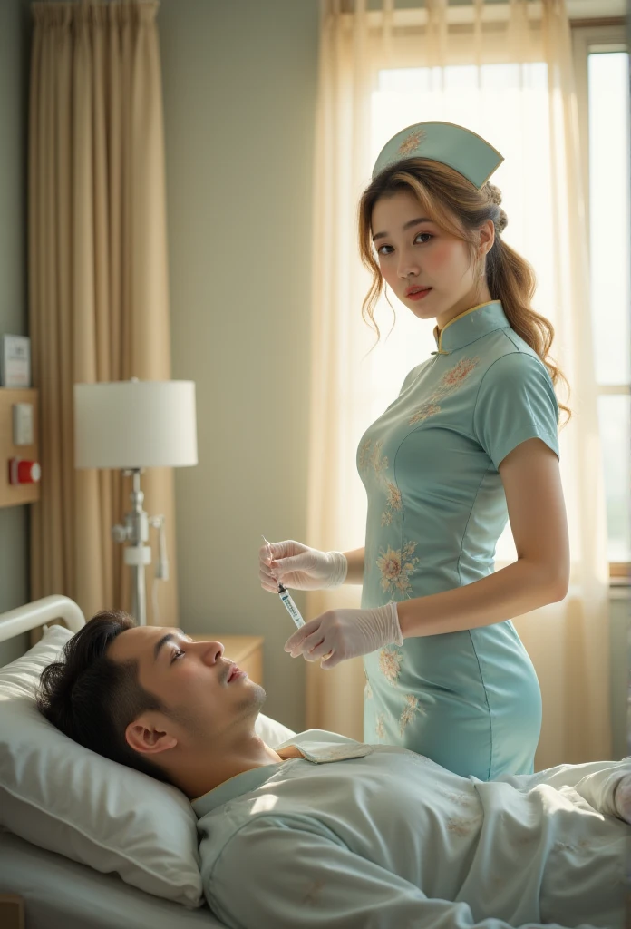 (Busty nurse), Wearing gloves and a nurse&#39;s cap，Wearing Chinese clothes and cheongsam，Holding a syringe and needle，(Highly detailed) Hot young girl，She has wavy blond hair，Mucus on the face，(Her butt is bigger:1.8，Her breasts are big:1.7，)，At the male patient&#39;s bedside，Listening to the patient lying down. The sunshine outside the window is warm and peaceful,  Friendly and warm atmosphere, whole body, award-winning, Movie scene stills, emotion, Vignette, Dynamic, vivid, (masterpiece, Best quality, Reality, major, Perfect composition, Very beautiful, absurd, Extremely detailed, Intricate details:1.3)