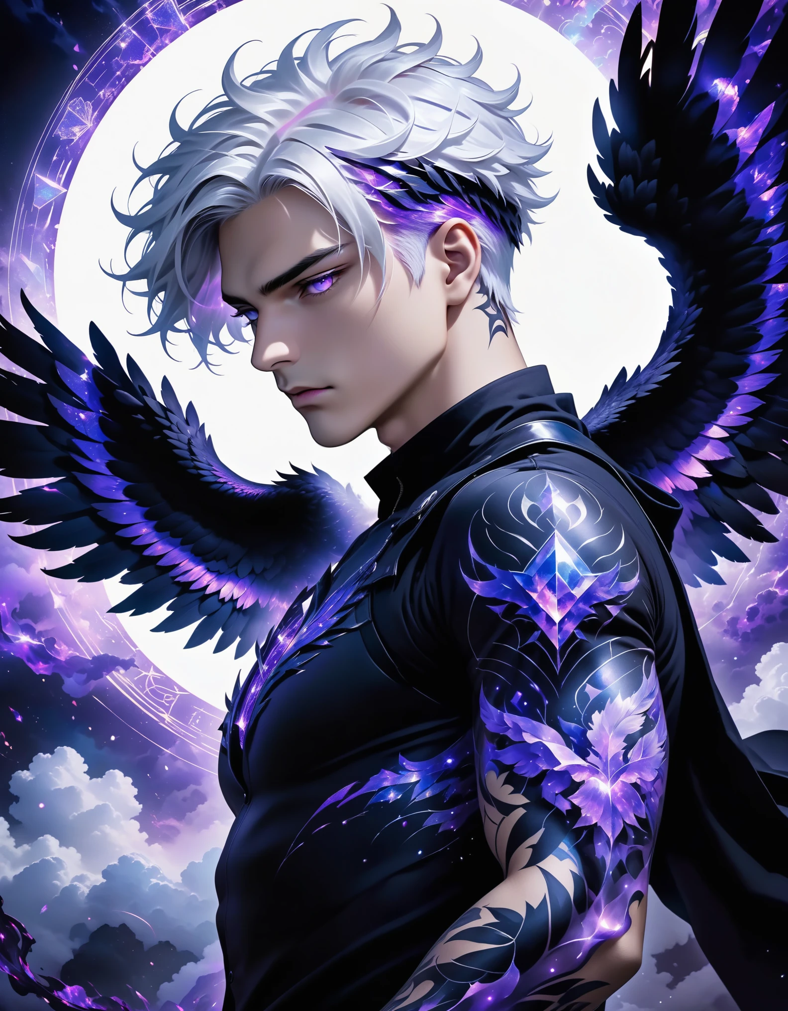 Wallpaper quality, solo, male, white hair, black wings, dark clothing, The boy takes on an incredibly powerful appearance: His body is enveloped by an intense purple aura;, A focused expression takes over his face. His eyes shine like diamonds on a level that are neons, Your body is full of divine tattoos. The purple marks on his back radiate toward his arms and legs, The boy moves with grace and precision, ((Deus)) ((The level of God)) ((divine appearance))